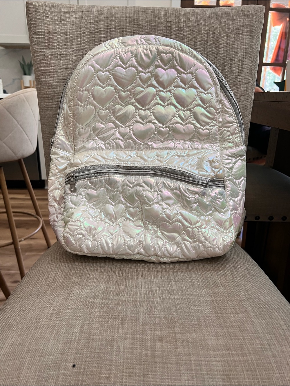 Iridescent Heart-Quilted Kids Backpack - White